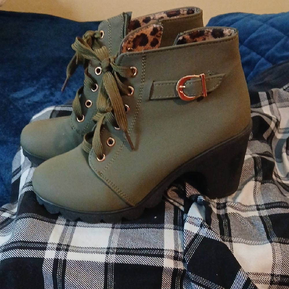 Olive Green Ankle Boots with Leopard Print Lining